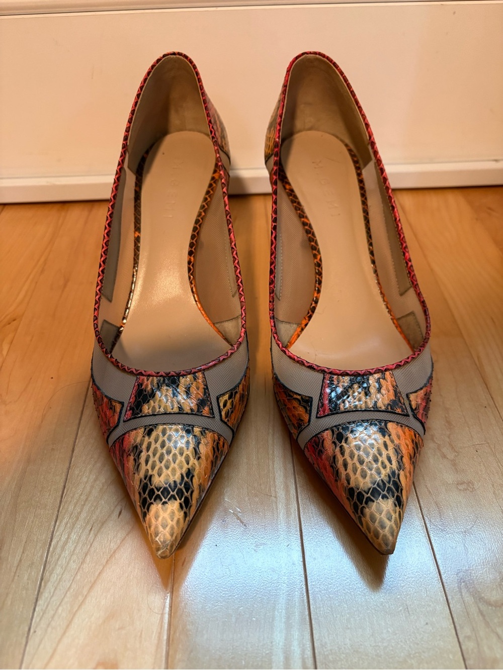 EUC M. Gemi Orange, Tan Black Snakeskin and Mesh Pumps 41/10